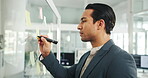 Office, businessman and sticky note with writing for planning, brainstorming and project solution. Glass wall, male person and manager with mind map for ideas, problem solving and creative thinking