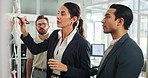 People, woman leader and sticky note on window for planning, strategy and brainstorming in workshop. Female speaker, presentation or group training in office for idea, collaboration or FAQ feedback