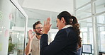 Woman, group and high five by glass wall at office with applause, notes or goals with problem solving. Business people, men and team with celebration, smile or excited for success at finance company