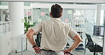 Office, businessman and planning with sticky note for review, brainstorming and project solution. Back, male person and planner with mind map for ideas, problem solving and creative strategy in glass