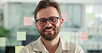 Happy, planning and face of businessman in office for brainstorming, project management and ideas. Professional, creative agency and portrait of person with sticky notes for agenda, tasks or solution
