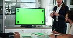 Green screen, presentation and business people in meeting, planning or ideas for eco friendly project. Employees, tracking markers or coworking in office, feedback or proposal for renewable energy