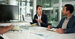 Documents, finance and meeting with business people in office boardroom for collaboration or report. Data, paper and statistics with employee group in workplace for budget, development or investment