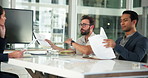 Chart, business people and meeting with documents for planning, investment and performance stats. Group, paperwork and discussion with manager for profit growth, financial strategy or data in office