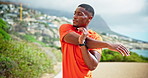 Fitness, black man and stretching arms outdoor for running warm up, start workout and cardio performance. Athlete, runner and getting ready for muscle strength, race preparation and marathon exercise