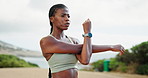 Fitness, black woman and stretching arms outdoor for running warm up, breathing exercise or cardio performance. Athlete, runner or getting ready for muscle strength, race preparation or start workout