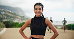 Smile, runner and face of woman in nature for marathon race, exercise and health. Workout, wellness and cardio with person training at park for sports athlete, challenge and fitness jogger