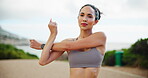 Athlete, face and woman with stretching outdoor for running challenge, start workout and cardio performance. Fitness, runner or arms warm up for muscle strength, race preparation or marathon exercise