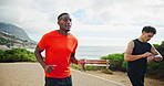 Fitness, running and time with man friends outdoor together for cardio training or marathon workout. Challenge, exercise and watch with athlete people tracking performance progress for improvement