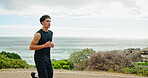 Fitness, running and workout with man in nature for marathon practice, exercise and performance. Health, wellness and cardio with person training at park for sports athlete, challenge and race