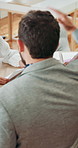 Meeting, back and businessman in office with team for finance deal, proposal or report planning. Discussion, hands and financial team with company investment, profit or revenue margin for budget.