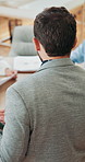 Discussion, back and businessman in office with team for finance deal, proposal or report planning. Meeting, hands and financial team with company investment, profit or revenue margin for budget.