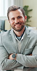 Face, business and man in office, arms crossed and smile with corporate professional, happiness and watch. Portrait, person and financial advisor with career ambition, economy analyst and pride