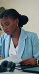 Black woman, stress or paper in office for business, finance management or worry for missing document. Administration, forms or accountant at desk with invoice, thinking and concern for payment error