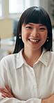 Face, business and Asian woman in workplace, arms crossed and smile with professional, creative and pride. Portrait, happy person and fashion designer with confidence career ambition and growth