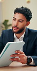 Office, meeting and businessman with talking for tablet, finance feedback and consultant. Discussion, client and financial advisor with tech for risk management, review research and investment report