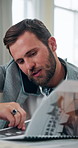 Business man, talk and phone call with document for discussion, client feedback and finance report. Accountant, mobile and conversation of financial proposal, investment chat and schedule negotiation