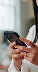 Office, phone and hands of business woman for networking, social media and internet for emails. Professional, corporate and worker on smartphone for connection, contact and online communication 