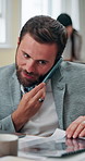 Business man, talk and phone call for proposal discussion, client feedback and document report. Accountant, mobile or conversation of financial solution, investment paperwork and schedule negotiation