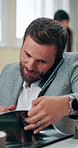 Business man, phone call and reading document in office, client feedback and proposal report. Accountant, mobile and conversation for financial solution, investment paperwork and schedule negotiation