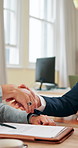 Contract, signature and handshake with business people in meeting for stock market, company deal or profit. Planning, teamwork and merger with employees in boardroom for account manager on portfolio