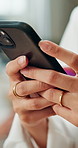 Typing, phone and hands of business woman for networking, social media and internet for emails. Professional, corporate and worker on smartphone for connection, contact and online communication