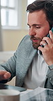 Business man, talk and phone call with laptop for discussion, client feedback and finance report. Accountant, mobile and conversation for online research, investment proposal and schedule negotiation
