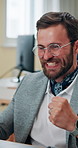 Finance, trading and happy man with success, laptop or investment goals on stock market. Winning, cryptocurrency and excited trader with financial growth, achievement or fist pump for online target