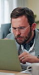 Business, man or confused with glasses by laptop for account mistake or client portfolio management. Financial advisor, employee or doubt with stock market proposal, risk tolerance or investment fail