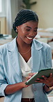 Scroll, tablet and smile with business black woman in office for investment banker, credit portfolio and research. Networking, feedback and account manager with person in firm for profit and advisor