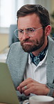 Business, man and frustrated with mistake on laptop for account review and client portfolio management. Financial advisor, employee and doubt with tax planning, risk tolerance and investment fail