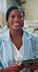 Tablet, happy and face of black woman in office with confidence for company profit report. Digital technology, pride and African female financial planner with email for investment deal approval.