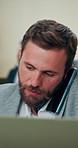 Corporate man, talk and phone call with laptop of discussion, client feedback and finance report. Accountant, mobile and conversation for online research, investment proposal and schedule negotiation