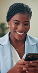 Typing, happy and business black woman with phone for networking, social media and internet for email. Professional, corporate and worker on smartphone for chatting, contact and online communication 