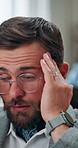 Business, headache and man in office, stress and overworked with deadline, journalist and pressure. Person, writer and magazine editor with migraine, pain and burnout with health risk and fatigue