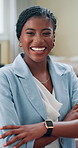 Crossed arms, happy and face of businesswoman in office with confidence for company profit report. Pride, professional and African female financial planner with company and investment deal approval.