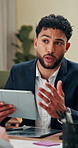 Office, businessman and discussion with tablet in meeting, finance feedback and consultant. Talking, client and financial advisor with tech for risk management, review research and investment advice