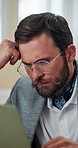 Business, thinking and man with laptop, serious and confused with internet, frustrated and review budget. Mistake, doubt and financial advisor with stress, computer and problem solving with decision