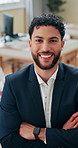 Face, business and man in office, arms crossed and pride with corporate professional, tax consultant and growth. Portrait, happy person and financial advisor with career ambition, cheerful and smile