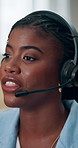 Business. headset and black woman office, call center and telemarketing with help desk. African person, employee and consultant in workplace, sales agent or advice with discussion or customer support