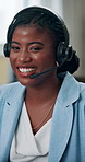 Business. headset and black woman with smile, call center and telemarketing with friendly service. African person, employee and consultant in workplace, funny and advice with discussion and help desk