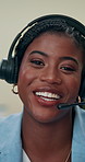 Business. headset and black woman with face, smile and video call with communication. African person, employee and consultant in workplace, conversation and advice with virtual meeting, joy and pov