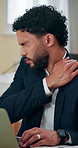 Business man, shoulder pain and laptop in office with stress, injury and pain with muscle cramp at finance agency. Person, frustrated and burnout with fatigue, exhausted and tired by computer at job