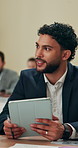 Planning, tablet and man with business people in office for online project, research and discussion. Professional, corporate and workers on digital tech for website review, teamwork and meeting