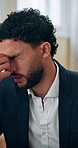 Businessman, headache and stress with pain in office at accounting agency with pressure, deadline and tired. Person, financial consultant and migraine with burnout, fatigue and exhausted at company