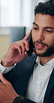 Business man, talk and phone call in office for discussion, client feedback and finance report. Accountant, mobile and explain for conversation, investment proposal and schedule update of negotiation
