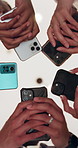 Below, phone and hands of business people in circle for communication, contact and b2b networking. Professional, corporate and workers on smartphone for connection, company website and teamwork