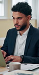 Business, man and typing on laptop at desk for financial report, invoice processing and payroll system. Bookkeeper, employee and digital review of finance records, data entry and budget performance