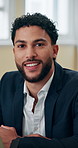 Business, face and laptop with happy man in office for administration, planning or research. Accounting, computer and report with smile of financial employee at corporate work for budget or investing