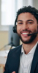 Business, video call and man with headset, face and headset with virtual meeting, smile and friendly service. Portrait, person or happy consultant in office, headphones and online workshop for advice
